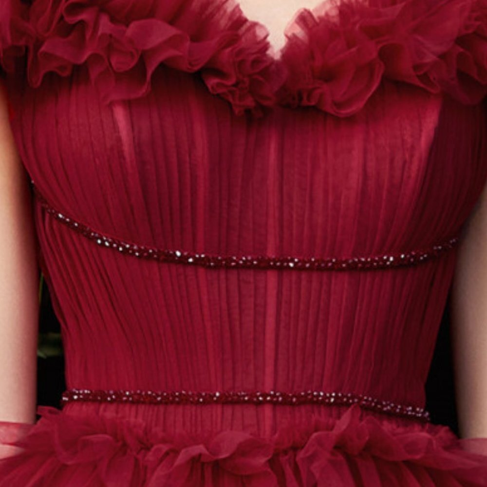 BURGUNDY OFF THE SHOULDER RUFFLE BALL EVENING BRIDAL WEDDING PARTY PROM GOWN - Picture 6 of 8